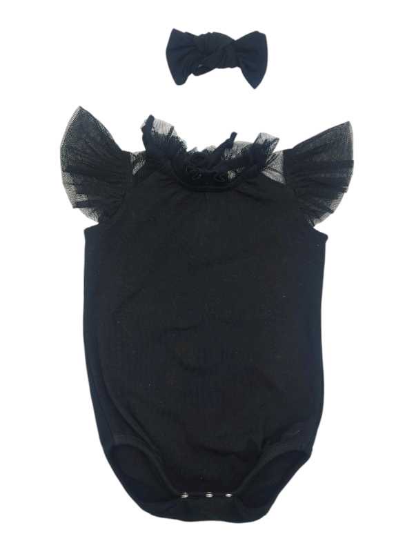 Black cotton lycra baby vest with tulle frill sleeves and matching headband