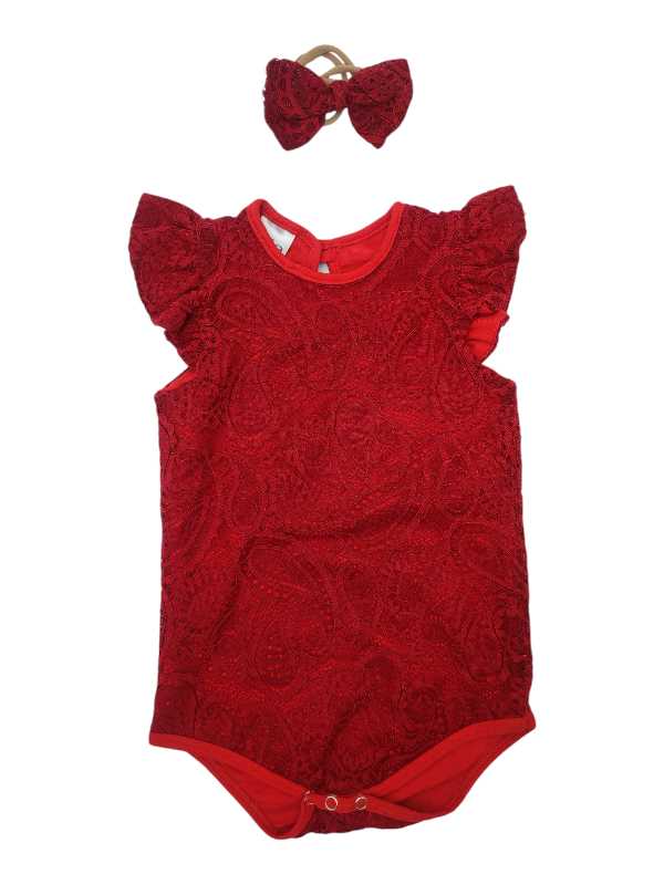 Red lace baby romper with frill sleeves and matching headband