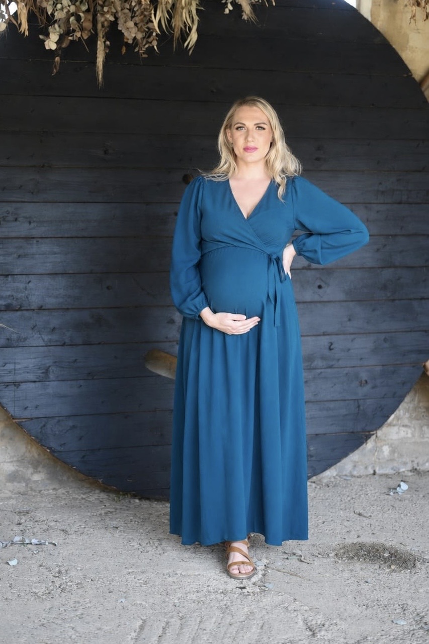 Moroccan blue wrap airflow maternity and nursing dress with long sleeves