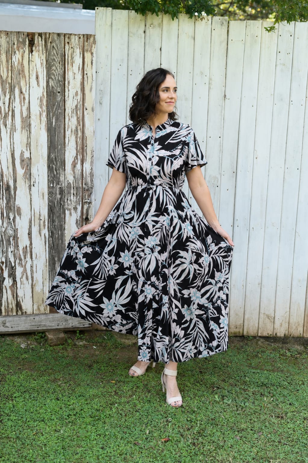 Teal and black floral viscose maternity and nursing dress with mandarin collar