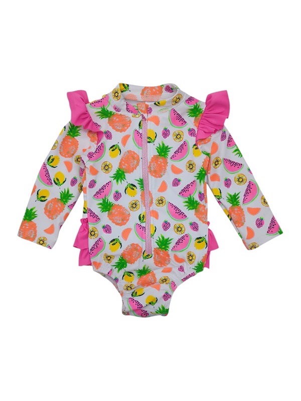 White and cerise pink fruit swimsuit with press studs