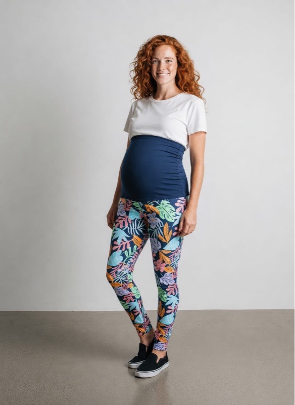 Navy Printed Lycra Maternity Activewear Leggings with High-Waisted Belly Band