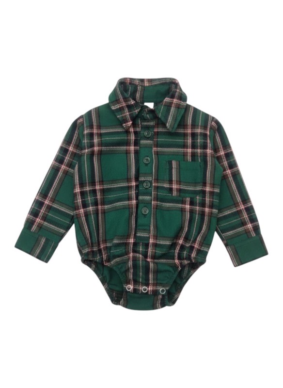 Forest Green Long Sleeve Plaid Boy Romper Vest