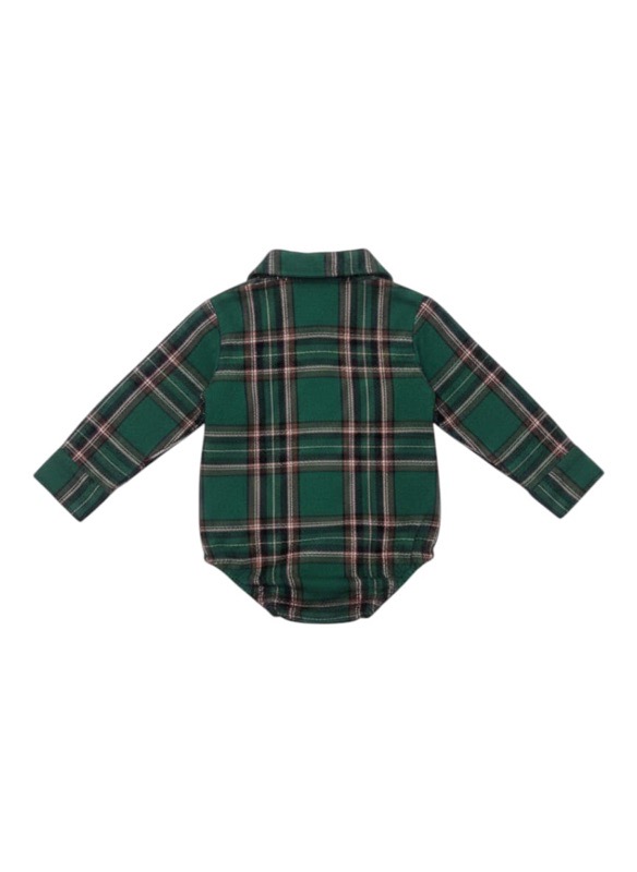 Forest Green Long Sleeve Plaid Boy Romper Vest - Image 2