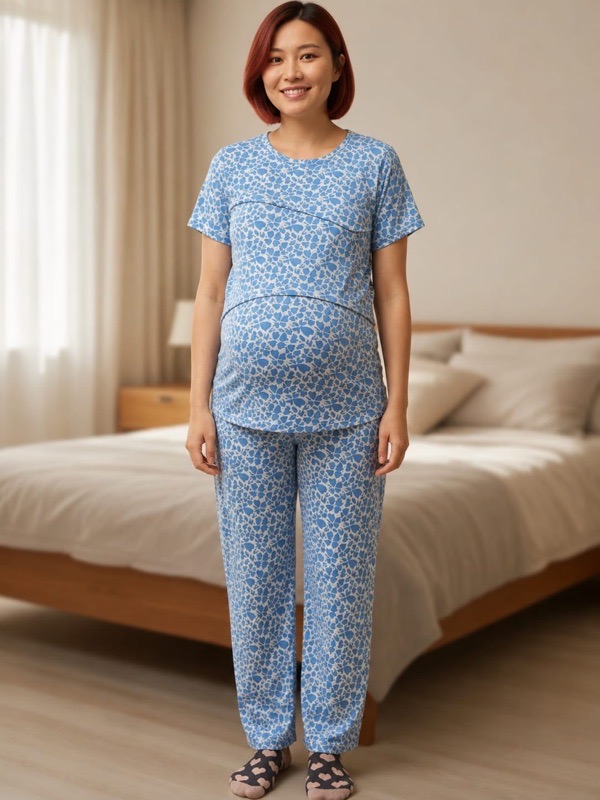 White and blue floral maternity and breastfeeding pajama set