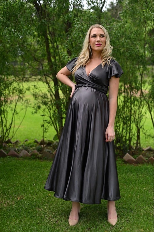 Black infinity maternity and nursing satin dress with frilly sleeves - Image 2