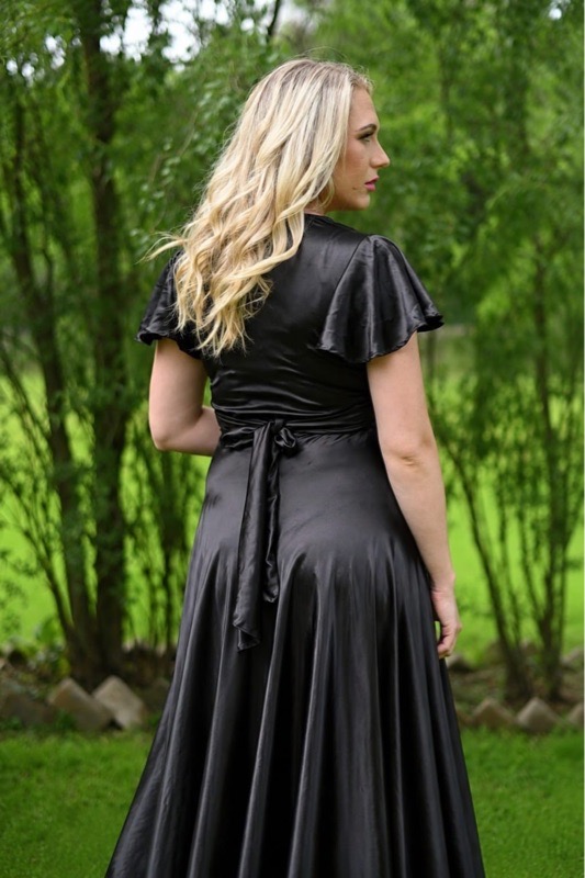 Black infinity maternity and nursing satin dress with frilly sleeves - Image 3