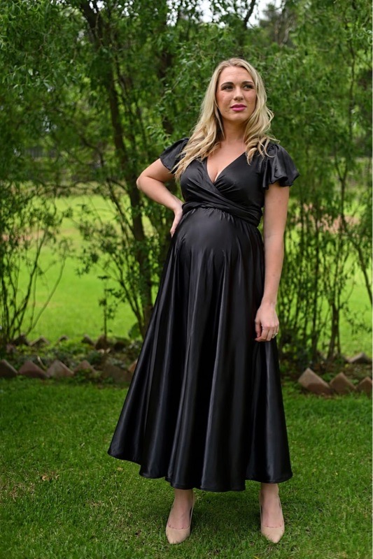 Black infinity maternity and nursing satin dress with frilly sleeves