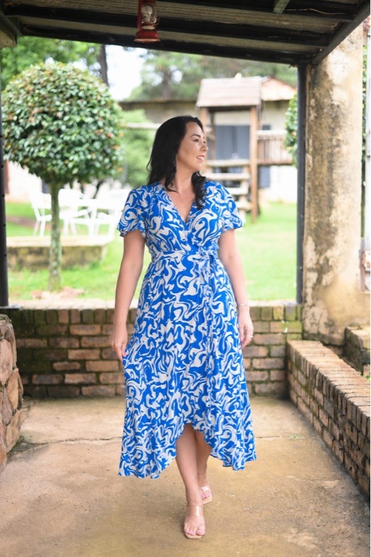 White and blue print wrap hi-low maternity and nursing dress