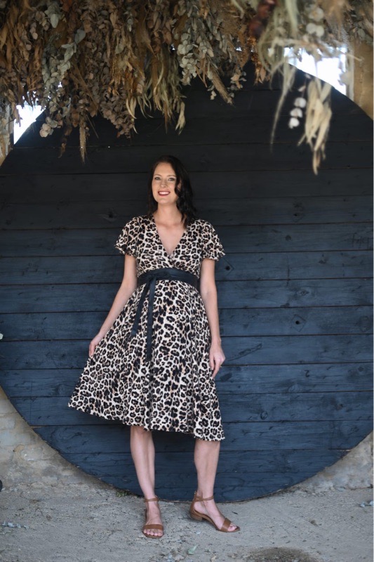 White leopard print stretch maternity and nursing dress
