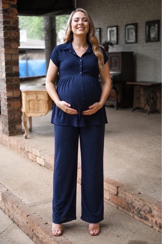 Navy straight leg airflow maternity pants with stretchy belly band